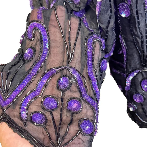 Vintage Scala Silk Blouse Black Purple Beading Sequins Long Sleeve Women's XL - Picture 3 of 8